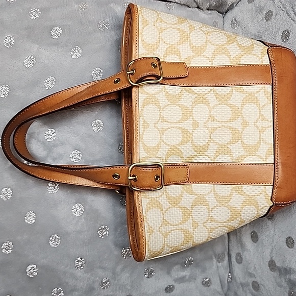 Coach 2001 RARE vintage mini Signature Light Brown Camel Beige Gold Raffia Tote - Picture 2 of 5